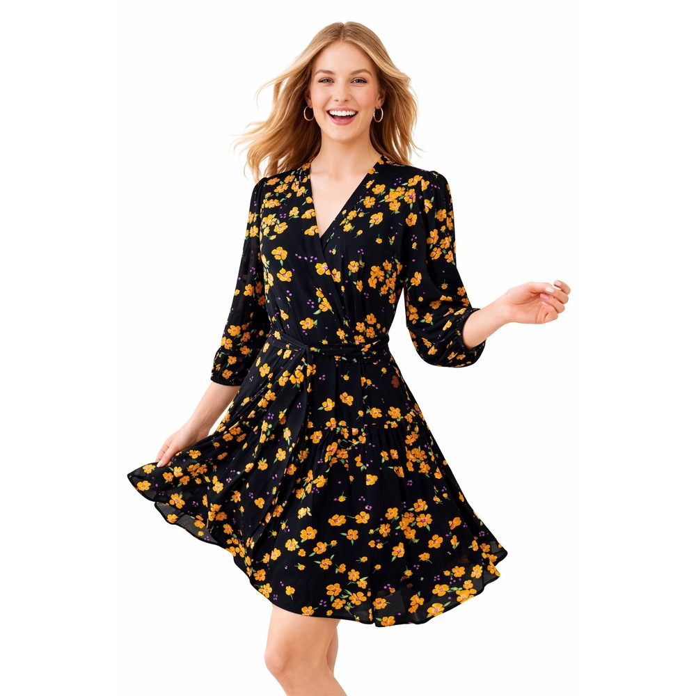 Cabi‎ Debut Wrap Dress Fiesta Floral Black Mesh 3/4 Sleeve Tie Waist Size Small